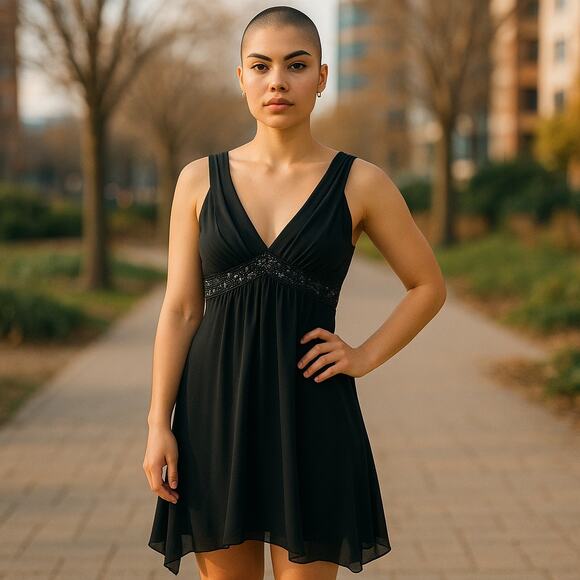 Vintage Y2K 2000s DEB Black V-Neck Asymmetrical Hem Sleeveless Mini Dress Medium - Picture 1 of 6